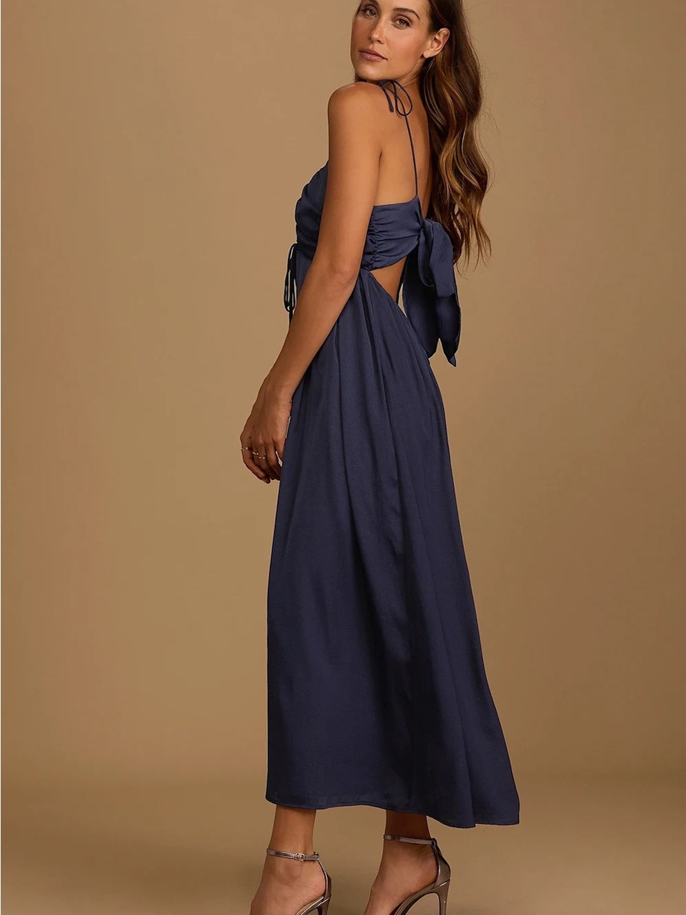Lulus Confidence Check Navy Blue Satin Tie-Back Maxi Dress Sz XL NWT - Picture 3 of 7